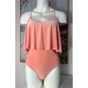 San Julian Peach Ruffle Flounce Tank Bodysuit Spaghetti Strap Size Large